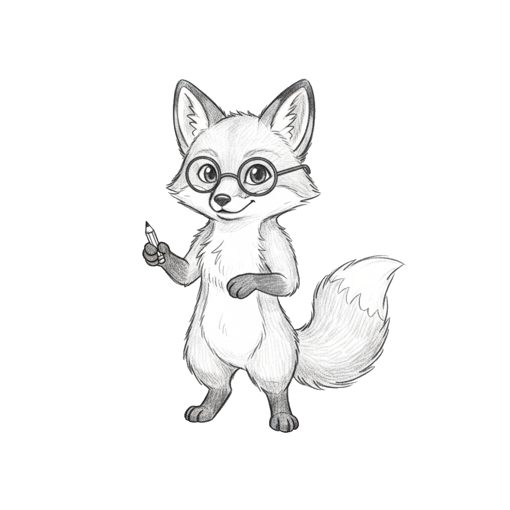 Pencil-drawn fox on books — Sketch